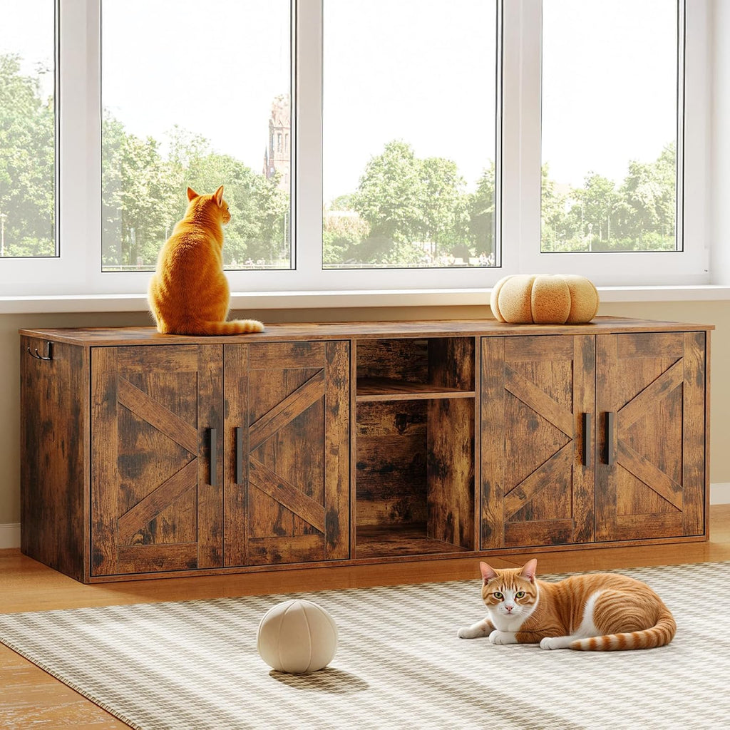 Double Litter Box Enclosure, Hidden Litter Box Enclosure with Corridor, Cat Litter Box Furniture with Storage Layer
