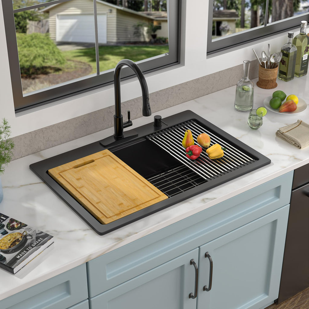 33 Granite Composite - 33"x22" Granite Drop In Topmount Ledge Workstation ‎Matte Black Quartz Classic Above Counter
