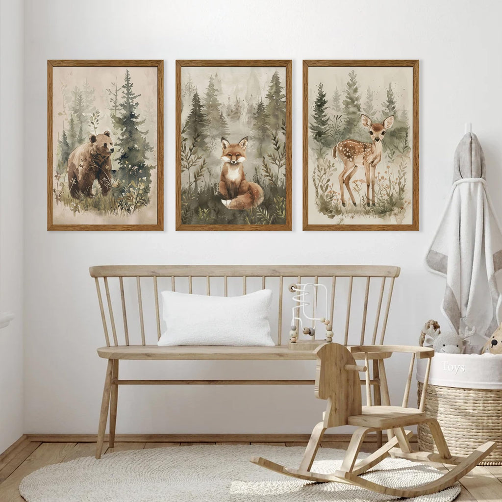 Woodland Nursery Wall Decor, Forest Animal Nursery Wall Art, 12x16