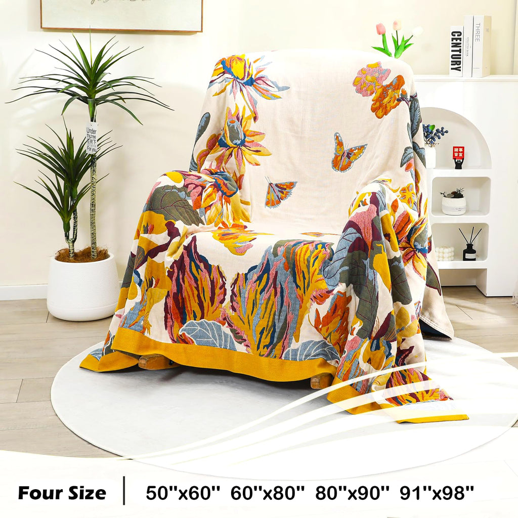 Boho Large Throw Blanket for Bed Couch, 100% Organic Cotton Soft Throw-Floral Butterfly Decor Fall Blanket for
