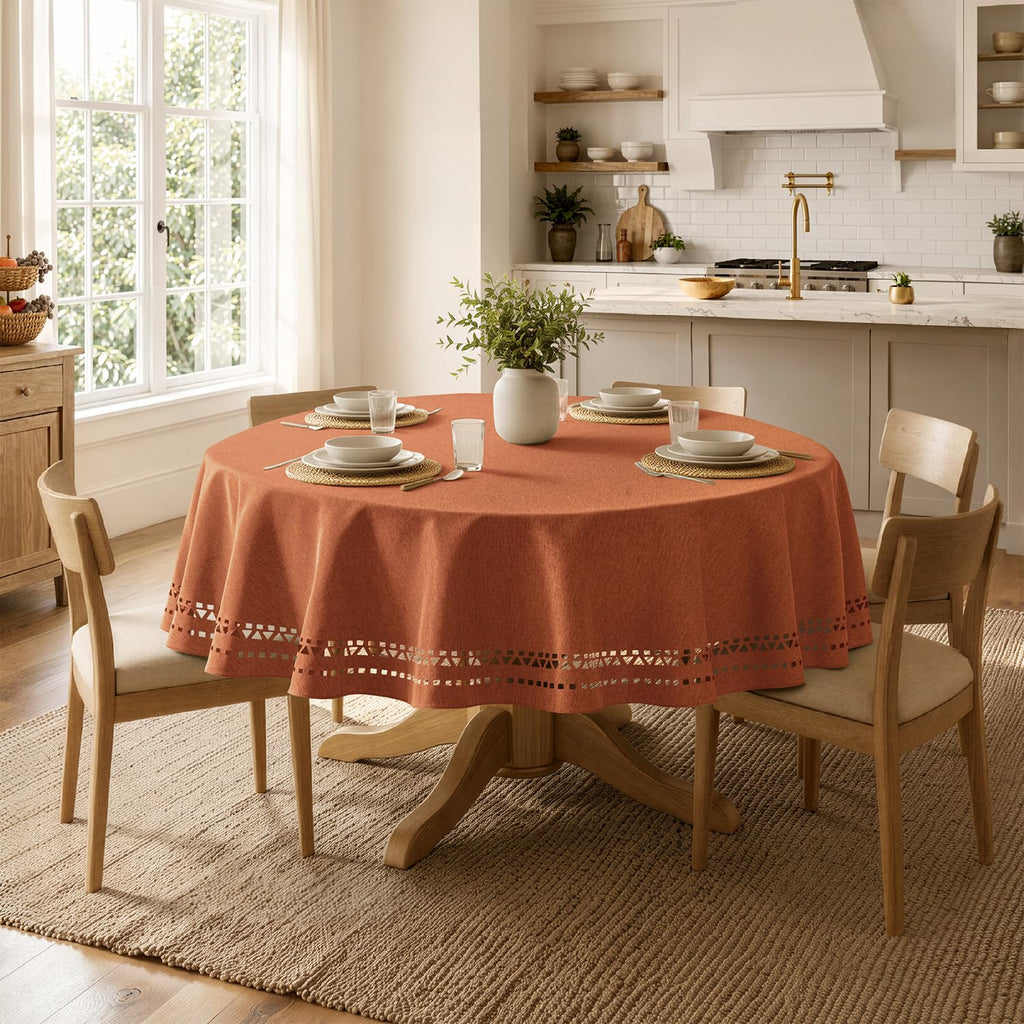 60 Inch Round Fall Tablecloth with Decorative Cutouts Burnt Orange