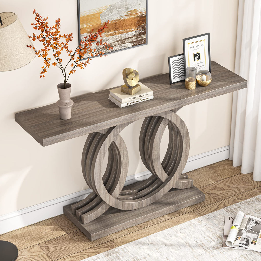55 inches Console Table with Geometric Base, Farmhouse Hallway Table, Wooden Entryway Sofa Table, Unique Long Accent