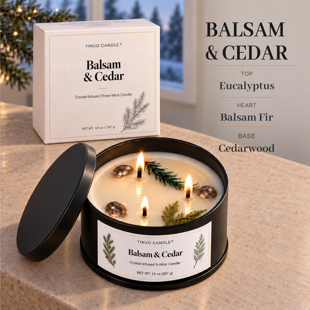 Balsam & Cedar Scented Candles, 14 oz 3-Wick Crystal-Infused