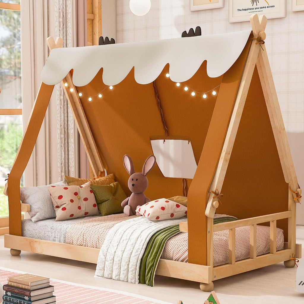 Twin Size House Bed with Tent & Light, Wooden Full Montessori Floor Beds for Kids with Roof, DIY Playhouse, No Box