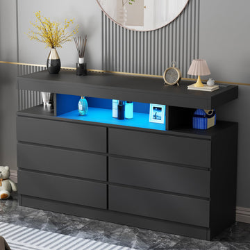 Black Dresser with Charging Station and LED Lights