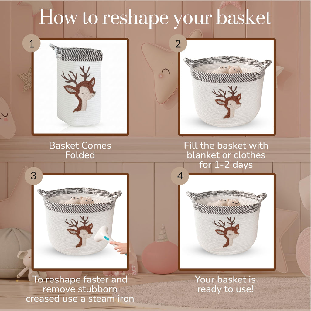 Deer Baby Storage Basket, Woven Cotton Rope Nursery Bin, 15x11 in