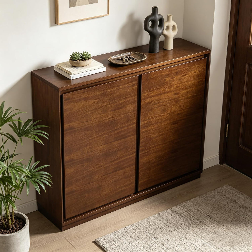 39" Accent Cabinet Walnut Mid Century Modern Slim Sideboard Storage Console | 9.25''D Thin Credenza, 2 Doors, Cable