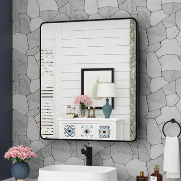 30x32 Inch Bathroom Medicine Cabinet with Mirror Black Metal Framed Mirror Cabinet Recessed or Surface Wall Mounted