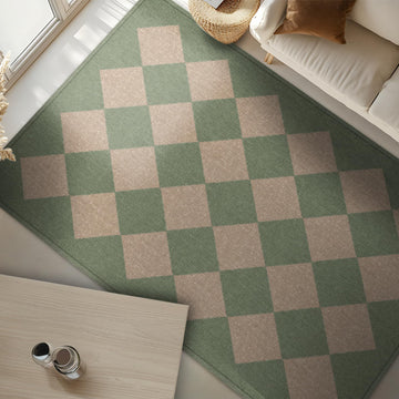Vinyl Floor Mat - Green & Cream Checkered Pattern - Waterproof Non-Slip Kitchen Rug - Hard Floor Safe
