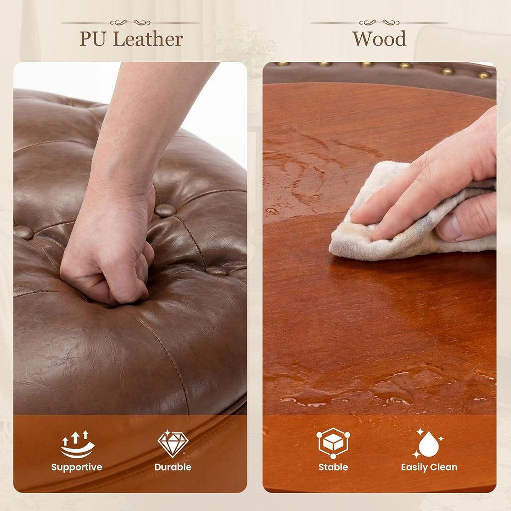 29" Large Round Storage Ottoman with Tray , Brown | Modern PU Leather Coffee Table Ottoman with Storage & Wheels