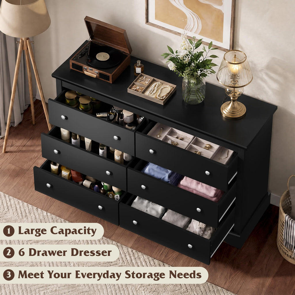 6 Drawer Dresser, 59" Wood Dresser with Anti-Tip Structure