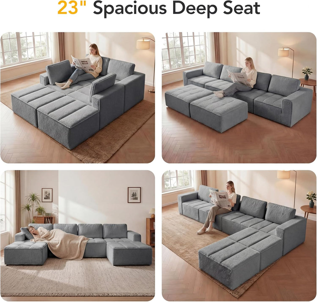 145" U Shaped Modular Sectional Sofa with Ottoman, Boneless Comfy Couch with Layered Cushion