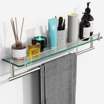 24-Inch Tempered Glass Bathroom Shelf with Towel Bar - Brushed Nickel Towel Holder Modern Stainless Steel