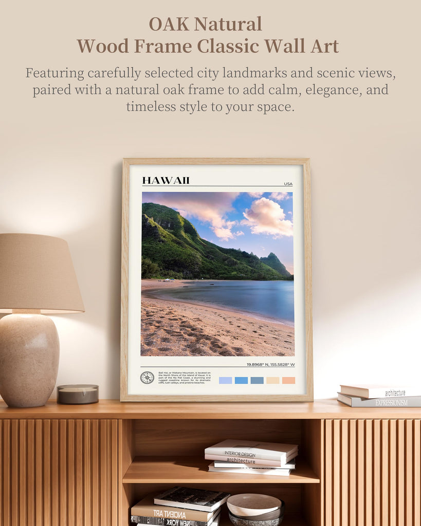 Natural OAK Wood Hawaii Framed Wall Art, 12x16in Makana Mountain Natural Scenery Canvas Wall Print, Classic Urban City