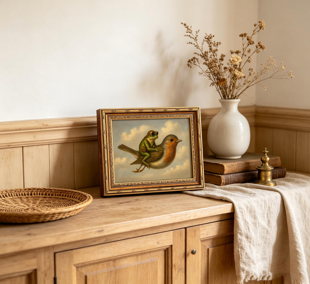 Vintage Gold Framed Whimsical Frog Robin Wall Art, Frog Riding Bird Oil Painting Canvas Print, Whimsical Animal