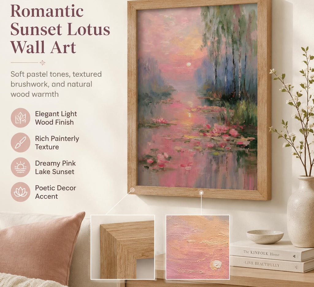 Framed Pink Water Lilies Wall Art, Impressionist Lotus Pond Oil Painting Canvas Prints, Serene Sunset Landscape Wall