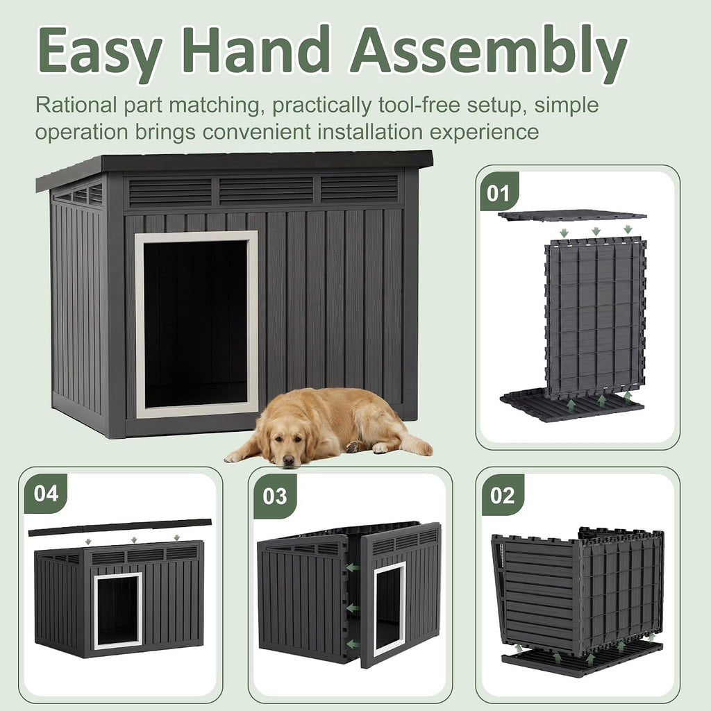 Large Dog House, Weatherproof Resin Large Dog House Outdoor with Sloped Roof & Ventilation, Indoor Outdoor Dog House