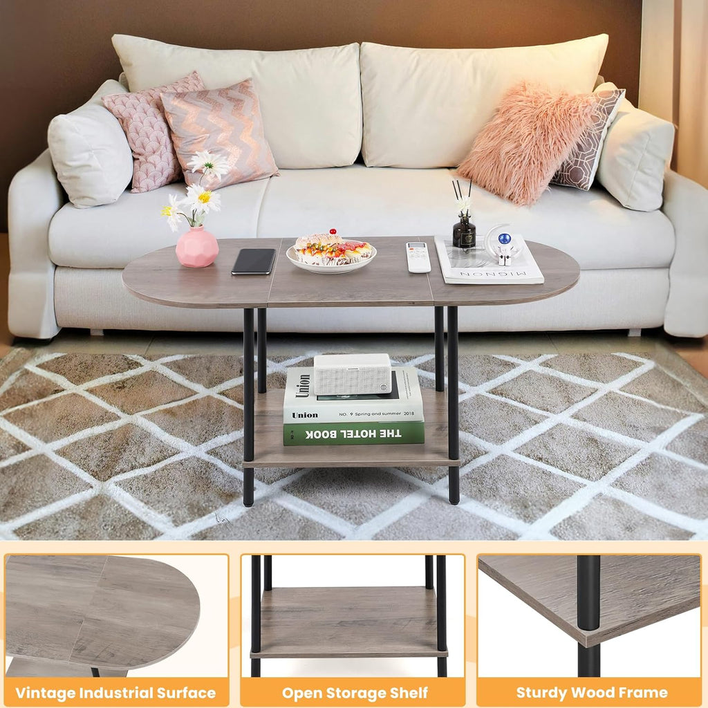 Coffee Tables,2-Tier Small Oval Center Table Industrial Modern Style Coffee Tables with Storage Shelf and Wood