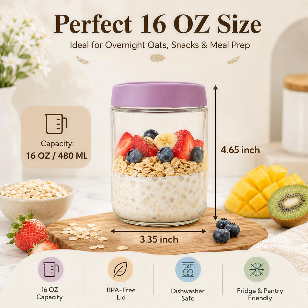 Overnight Oats Containers with Lids 16 oz Glass Jars 6 Pack Glass Mason Jars with Airtight Lids, Perfect for Oats
