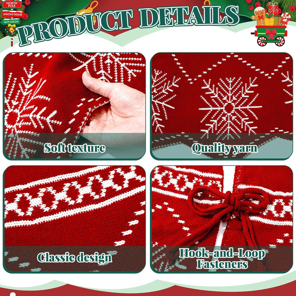 60inch Extra Large Christmas Tree Skirt Wavy Edged Reversible Knitted Tree Skirt Burgundy & Snowflake Pattern Thick