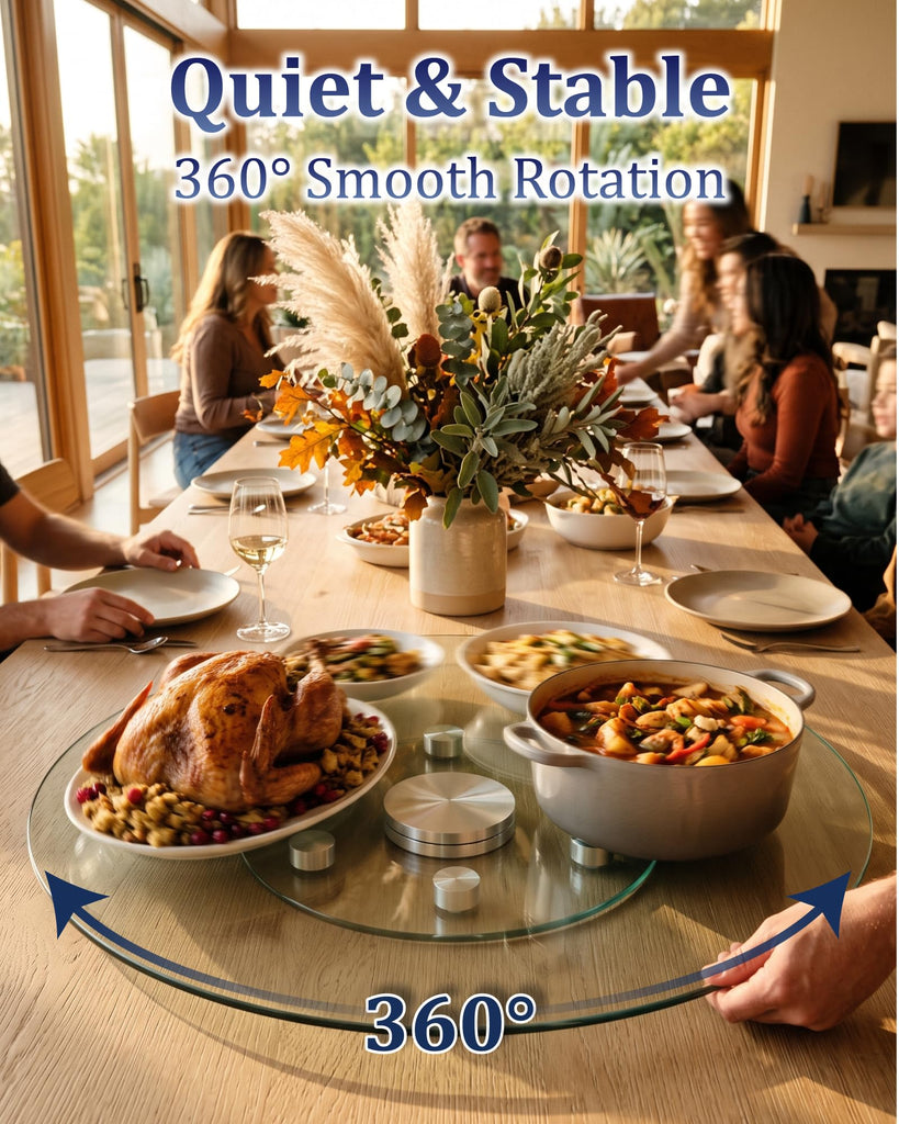 36" Glass Lazy Susan for Dining Table with 6 Rotating Wheels Table Top Centerpiece Kitchen Turntable Large Round