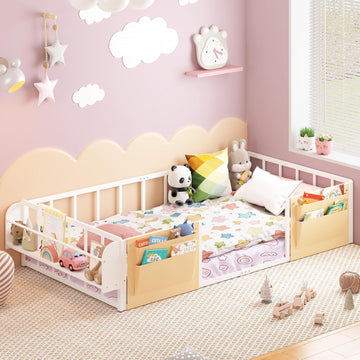 Floor Bed for Kids with Safety Guardrails, Montessori Bed White