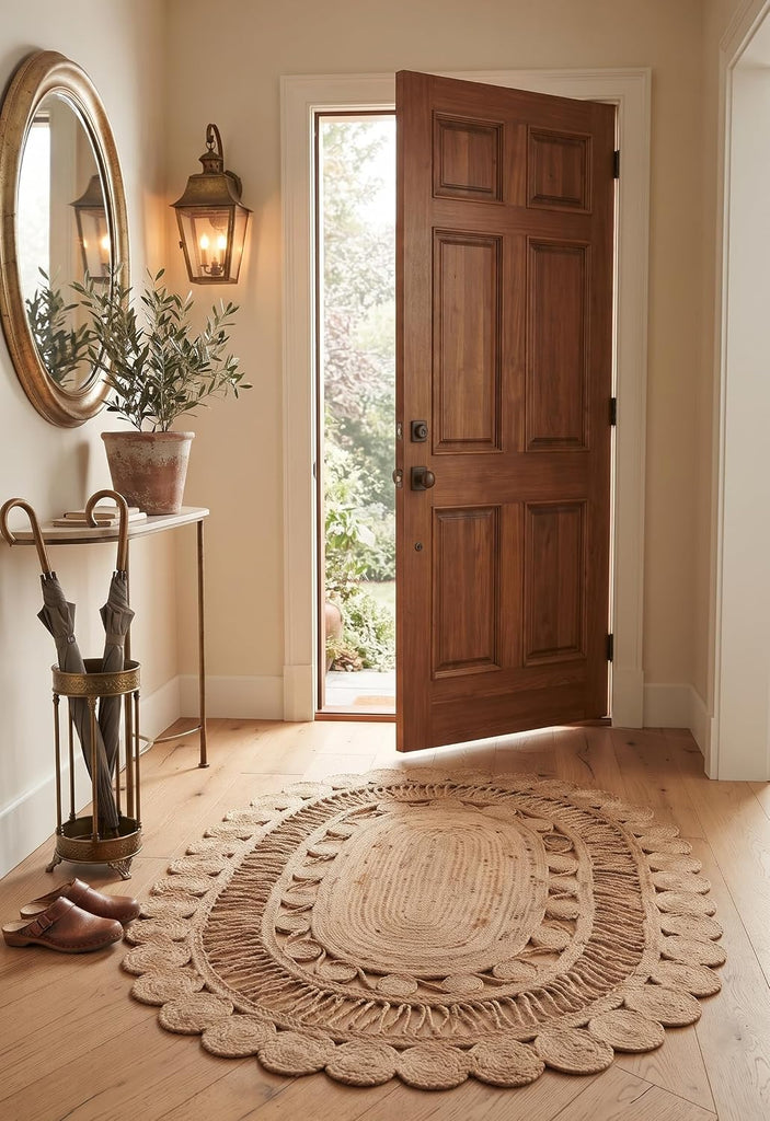 Scalloped Border Braided Jute Oval Area Rug, Natural Beige