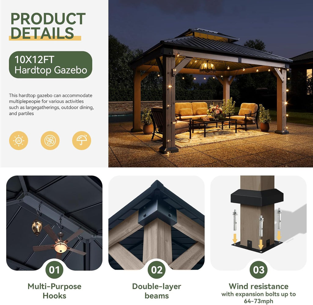 10' x 12' Outdoor Wood Gazebo, Hardtop Gazebo Permanent Wood - Image 4