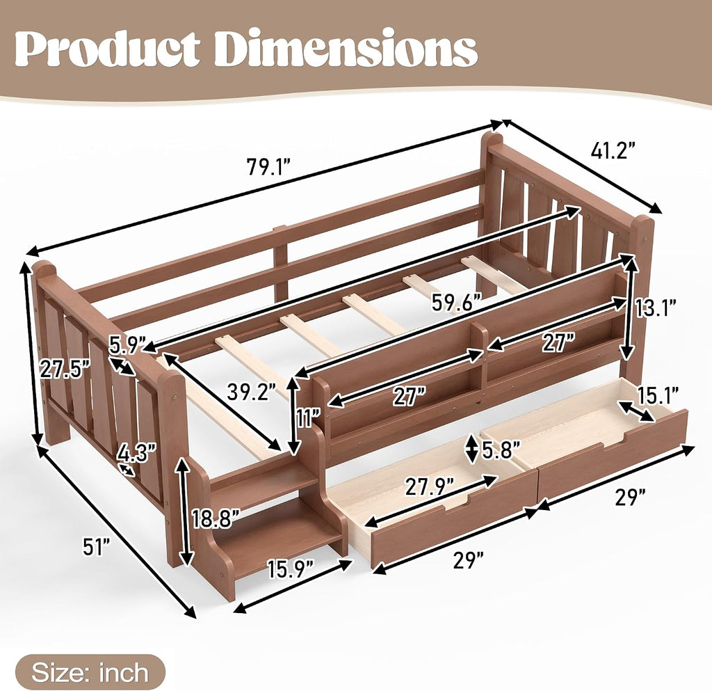 Floor Bed with Storage Bookcase and Drawers, Solid Wood Platform Bed with Guardrails, Cute Stair Design, Low