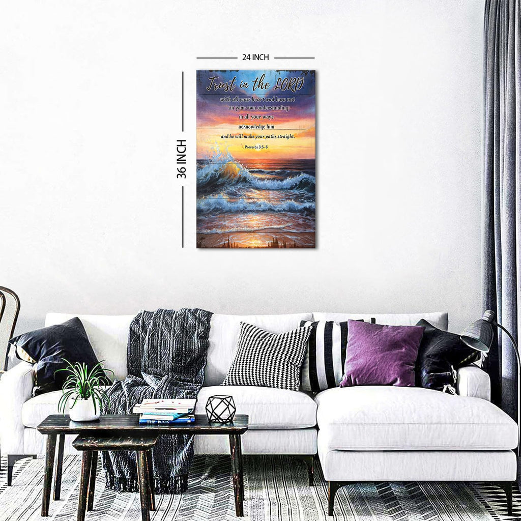 Ocean Scripture Wall Art Proverbs 3 5-6 Christian Bible Verse Wall Decor Trust in The Lord With All Your Heart Canvas