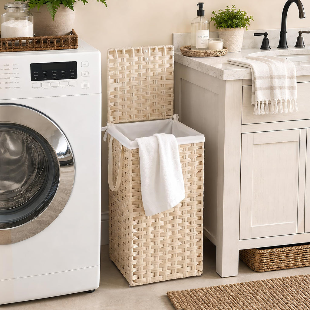 Laundry Basket with Lid, 65L Wicker Laundry Hampers, Summer Sand