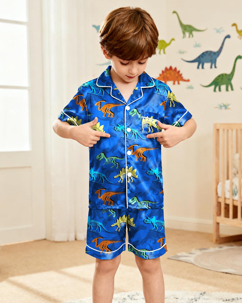 Boys Pajamas Toddler Little Boys Silky Satin Pajamas Button Down Short Sleeve & Shorts Pjs Set Kids Sleepwear