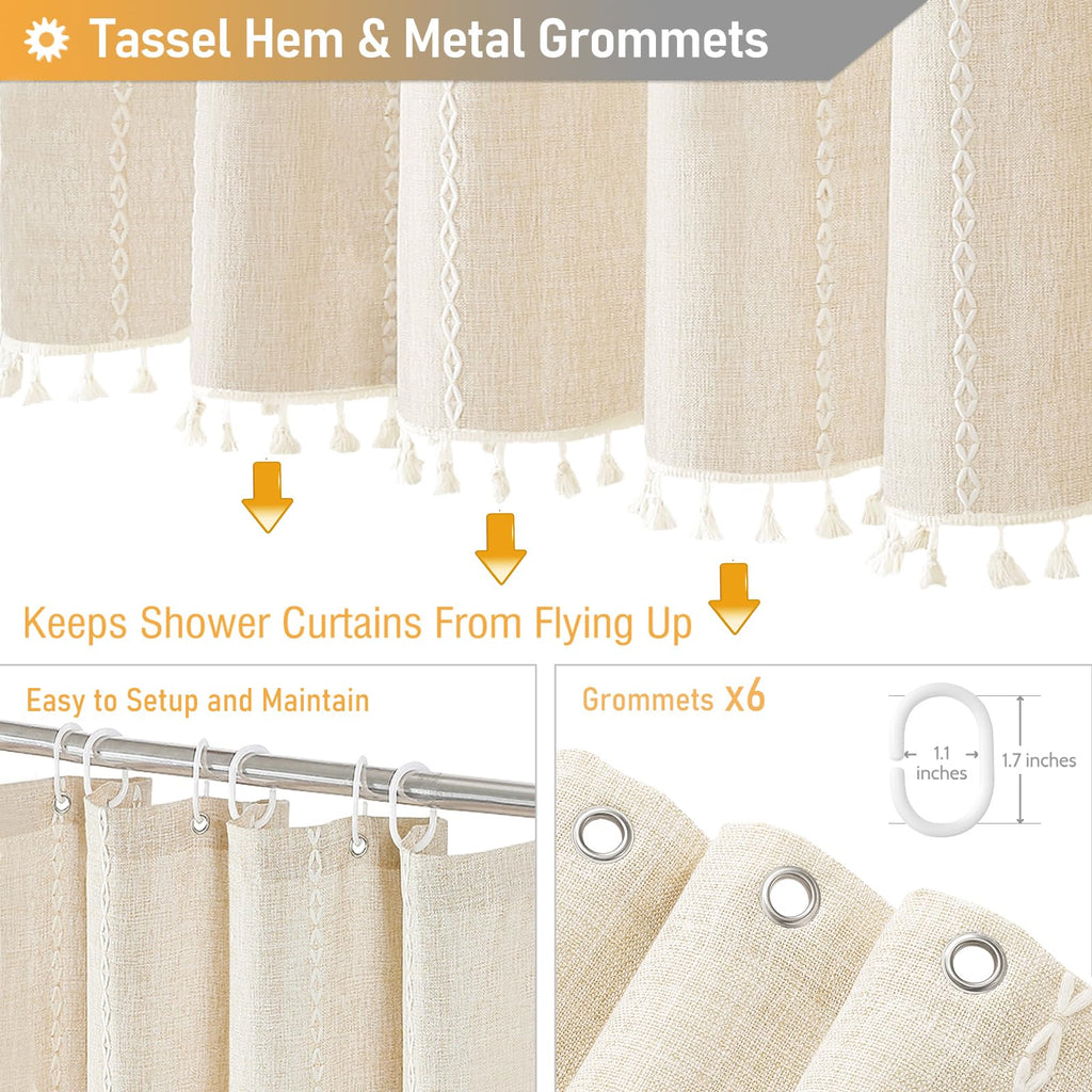 Small Boho Linen Heavy Duty Cloth Shower Curtain, 36x72, Cream/Beige