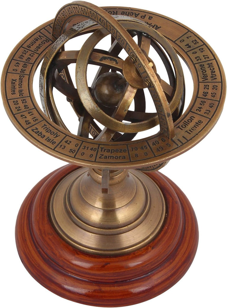 Armillary Astrolabe Sphere Showpiece,Made from Brass and Wooden Base