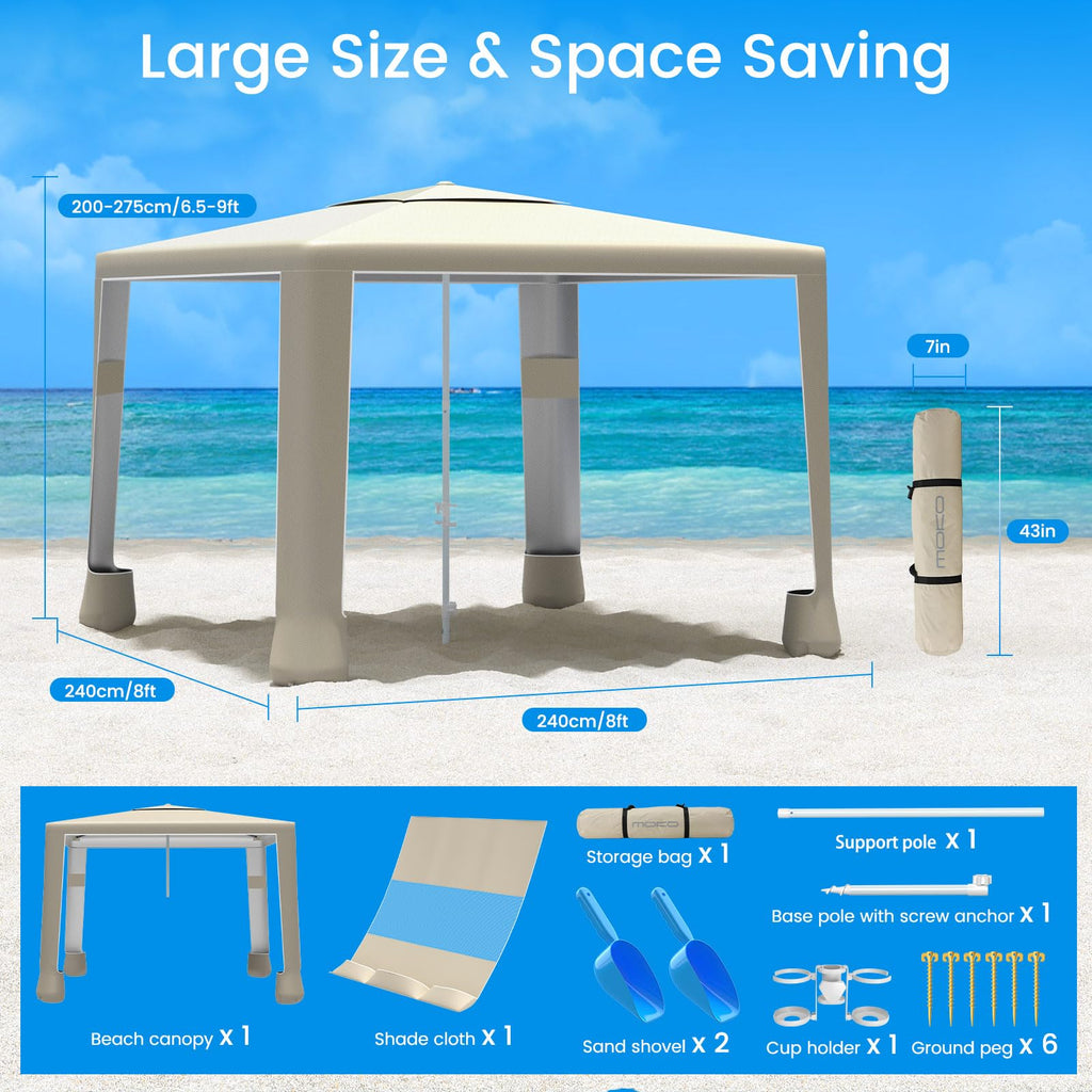 Beach Cabana, 8'×8' Large Beach Canopy with Side Wall, UPF 50+ Protection Easy Setup Beach Tent Sun Shelter
