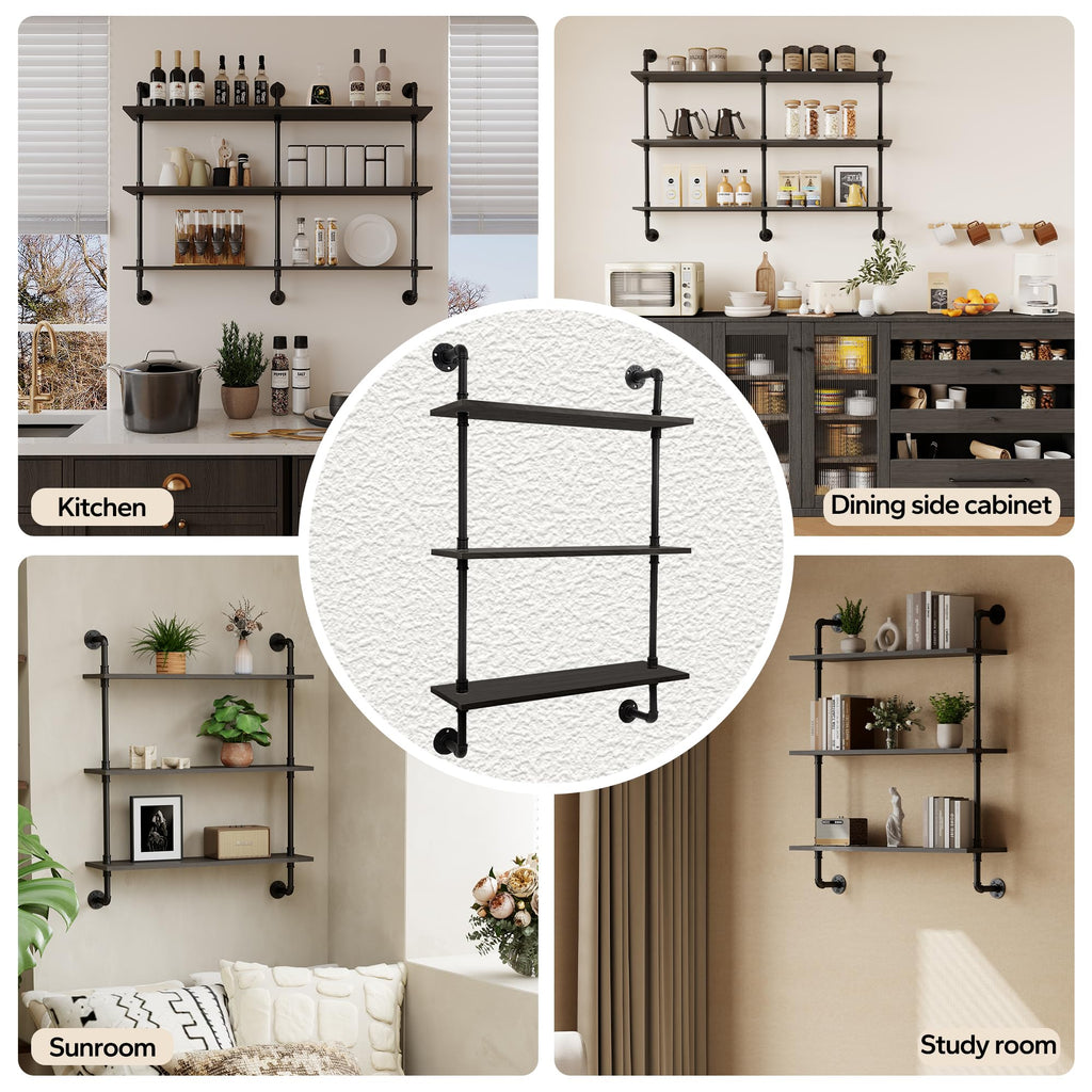 3-Tier Industrial Pipe Floating Shelf - Rustic 24 inch Wood Wall-Mounted Storage Shelf Office, Bathroom & Home Decor