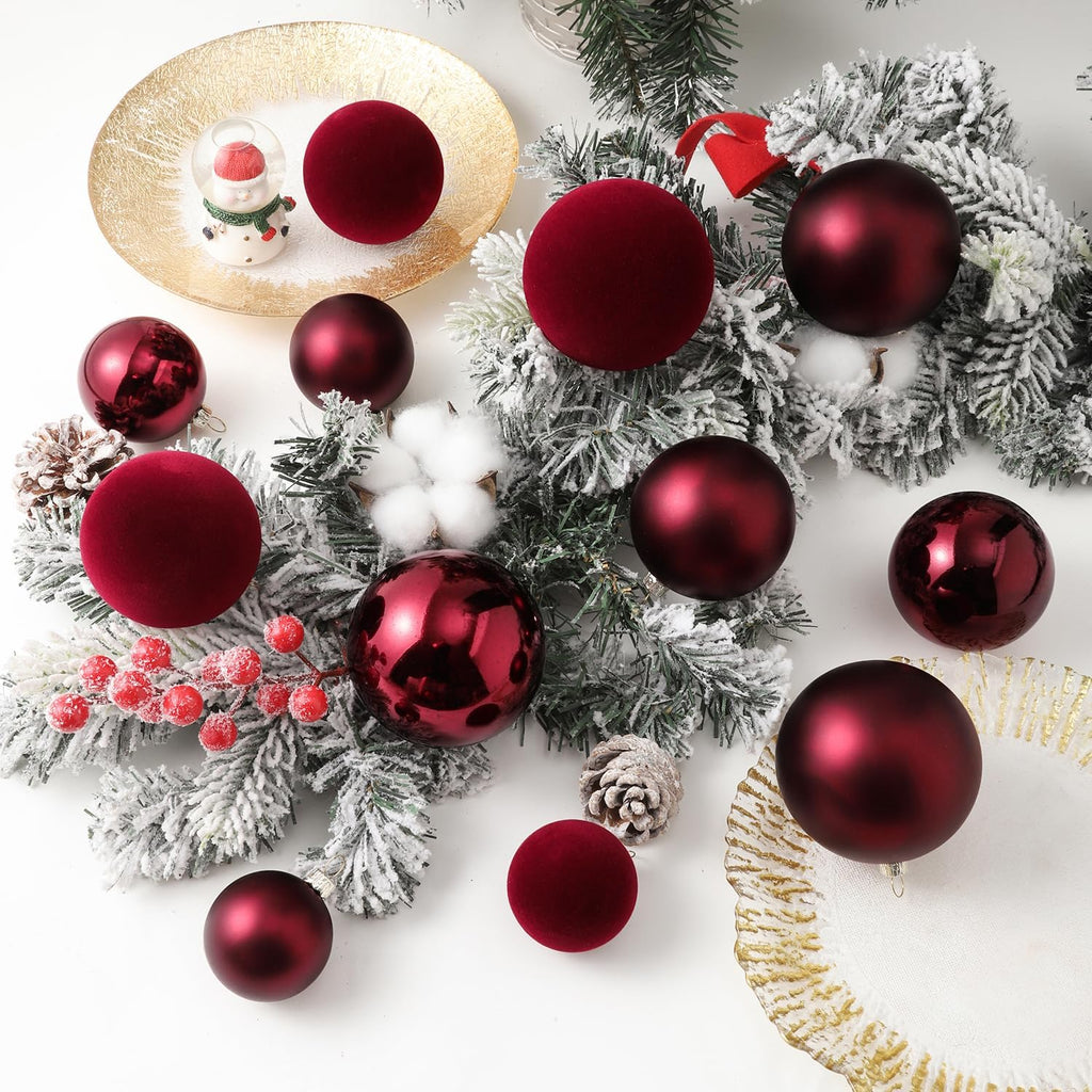 Burgundy Velvet Christmas Ball Ornaments - 36pcs Shatterproof Flocked Christmas Ornaments, Vintage Hanging Xmas Tree