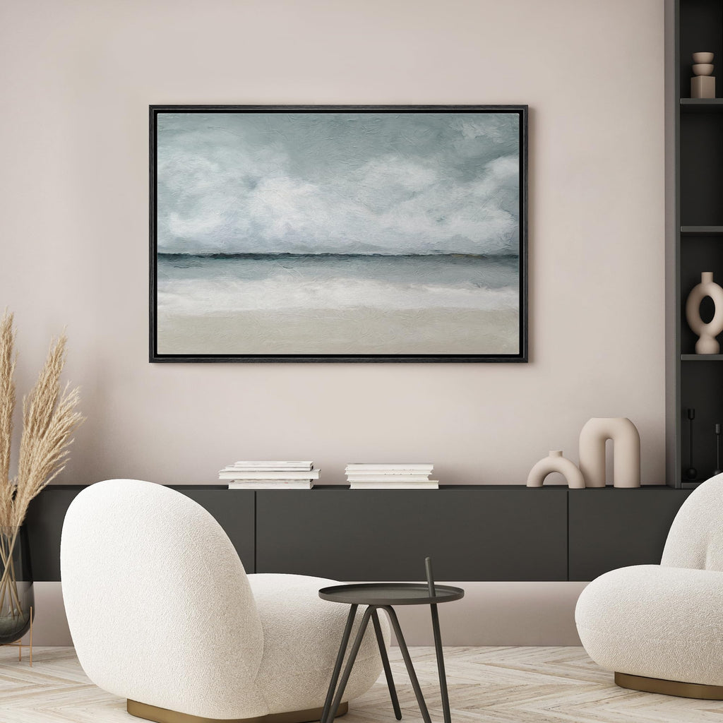 Framed Canvas Print Wall Art Stormy Watercolor Ocean Sea Beach Horizon Nature Wilderness Illustrations Modern Art