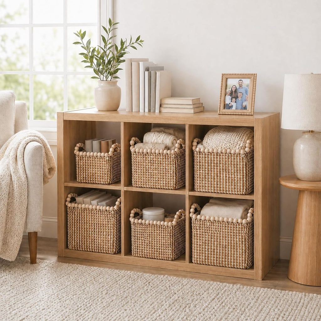 Handwoven Seagrass Shelf Baskets, Set of 3 Decorative Storage Bins with Bead-Accented Handles, Vietnamese Woven
