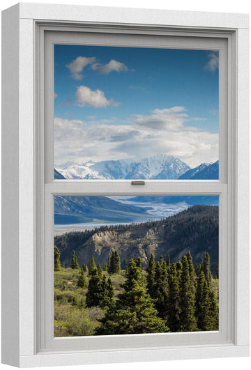 Canvas Print Wall Art Window View Blue Cloud Sky Mountain Range Forest Meadow Nature Wilderness Photography Digital