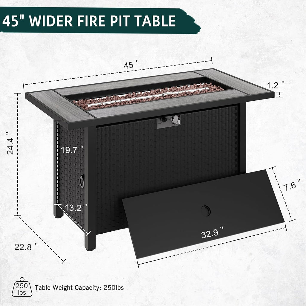45in Fire Table, Propane Fire Pit with Removable Lid & Waterproof Cover