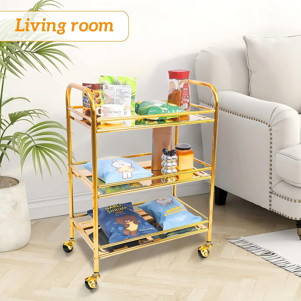 End Table,3-Tier Stainless Steel with Upgrade Wheels | Gold Rolling Cart Kitchen Snacks Coffee Side Table Bar Cart