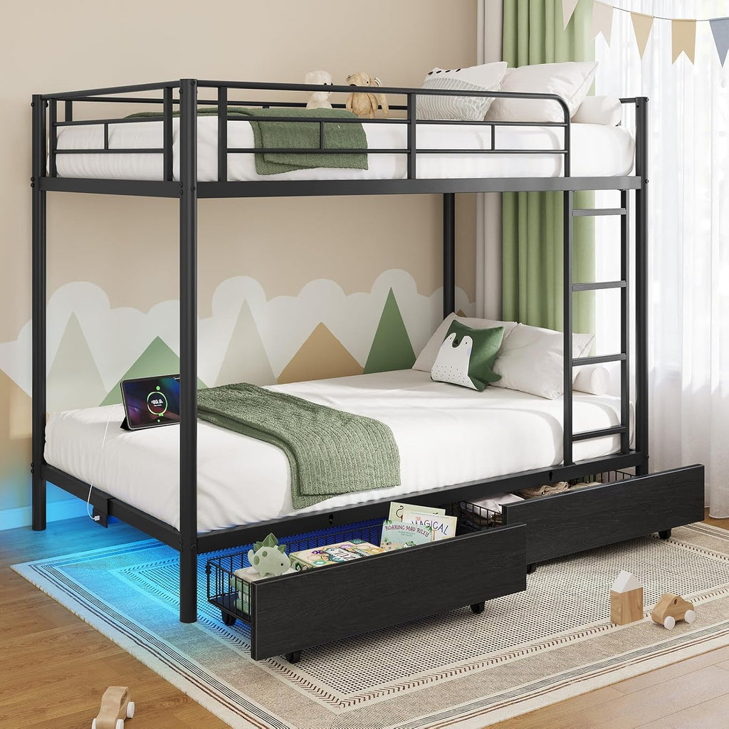 Metal Bunk Bed Twin Over Twin with USB Charging Station, LED Bunk Bed with 2 Storage Drawers