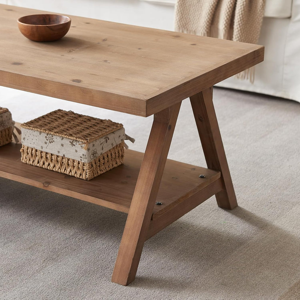 Farmhouse Coffee Table,Solid Wood Center Tables with Storage Shelves & Sturdy A-Shaped Legs