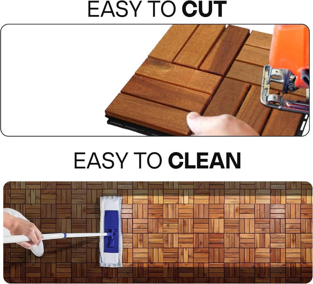 Wood Interlocking Deck Tiles - 12"x12" Indoor & Outdoor Flooring Tiles for Balcony, Backyard & Poolside, Weather & UV