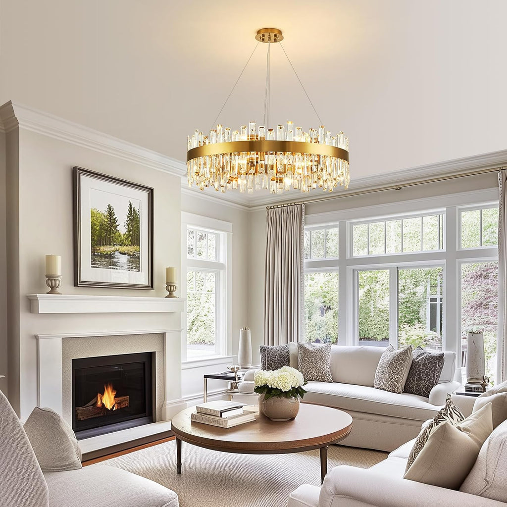 16-Light Modern Crystal Chandelier, Large Gold Round 2-Tiers K9 Crystal Chandelier, Luxury Flush Mount Crystal