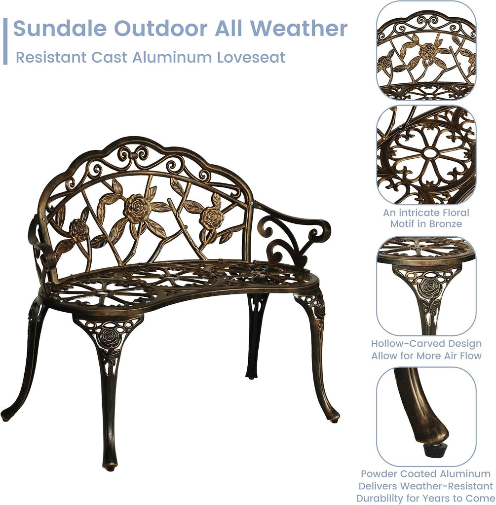 Cast Aluminum Garden Bench, Patio Bench Bronze | Antique Floral; Durable Weather Resistant Finish; Elegant Rose