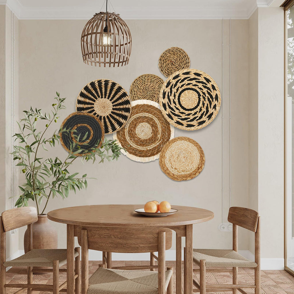 Boho Woven Wall Basket Decor, 7 Pcs Round Hanging Basket, Rustic Flat Elegant Wall Art, Seagrass Rattan Wicker Dining