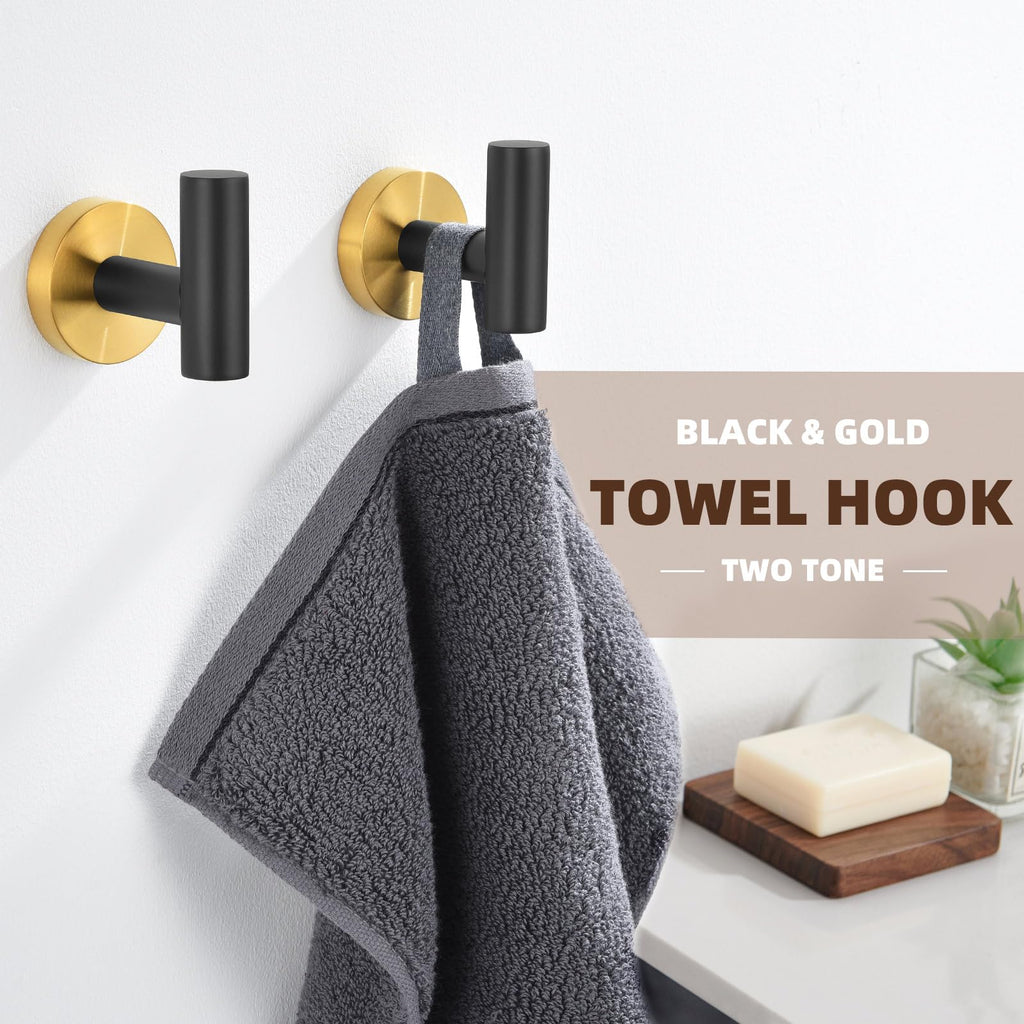 Black Gold Robe Towel Hooks, 2 Pack, Rustproof 304 Stainless Steel