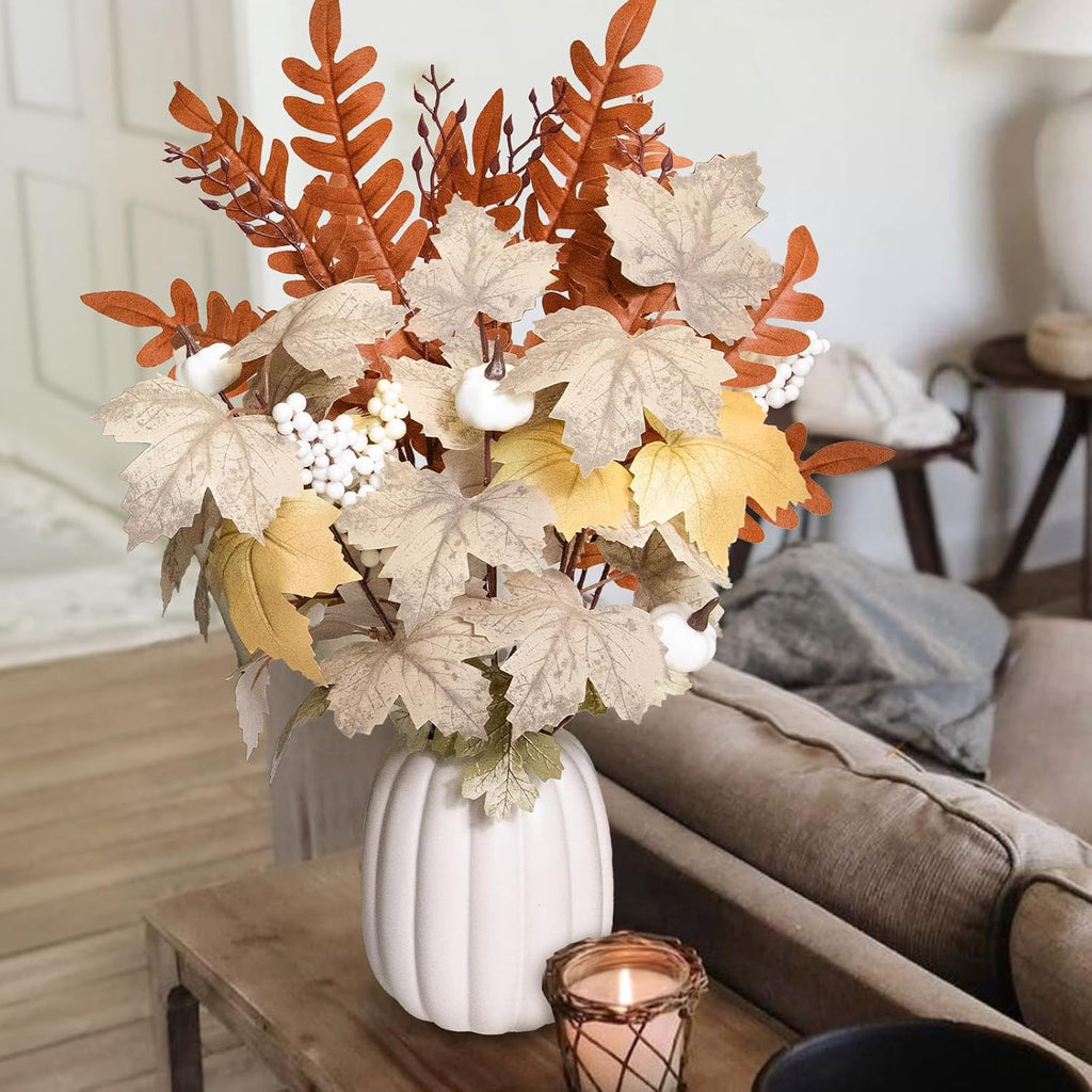 Fall Decor - Ceramic Pumpkin Vase with Autumn Maple Leaf Pumpkin Berry Stems - Table Centerpieces Thanksgiving - Set of 15